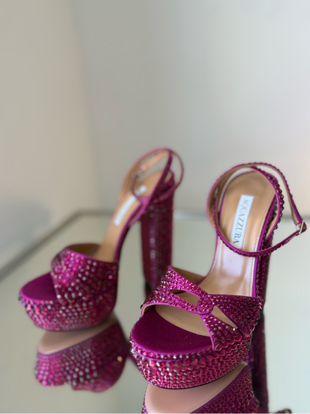 New AQUAZZURA Sinner Embellished Satin Platform Sandals In Pink $2,395 35.5 - Picture 8 of 12